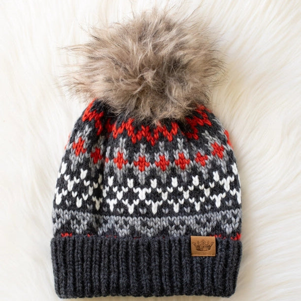 Dk. Gray, Red + White Patterned Pom Beanie