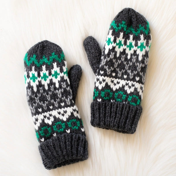Dk. Gray, Green + White Pattern Mittens