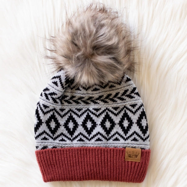 Gray, Black + Rust Patterned Pom Beanie