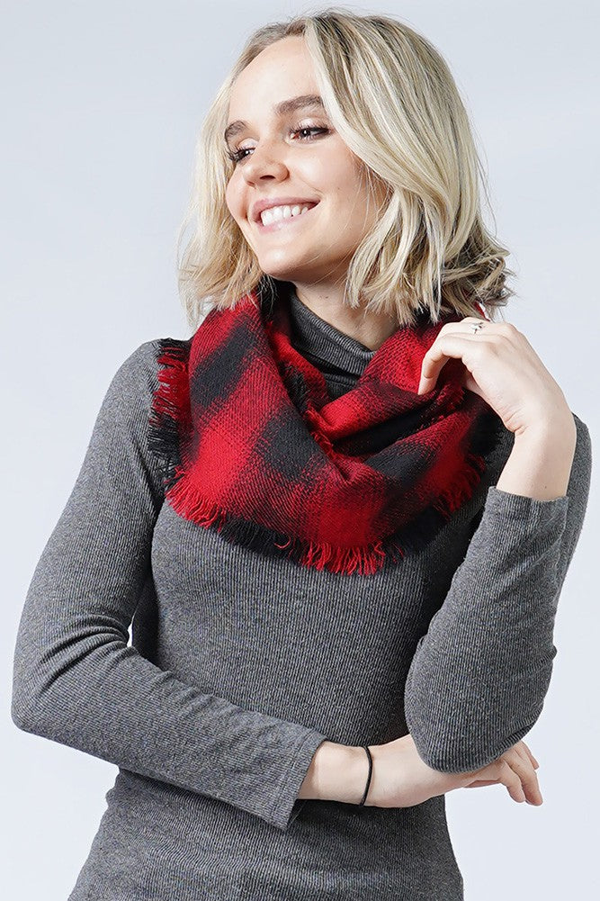 Buffalo Check Infinity Scarf with Frayed Edge | Red