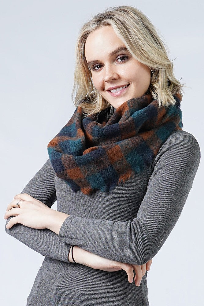 Plaid Infinity Scarf with Frayed Edge | Navy