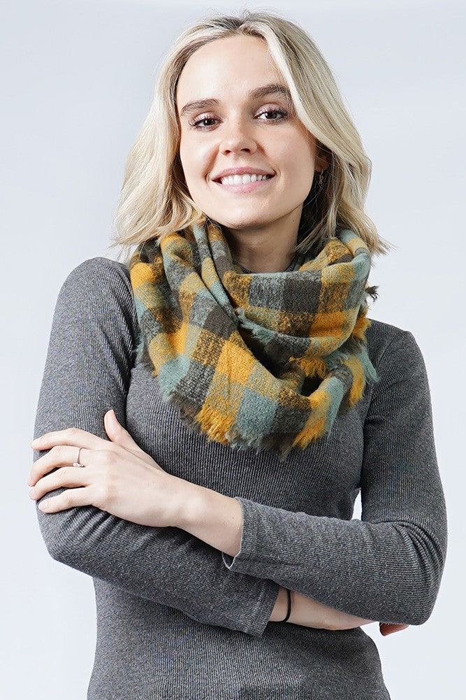 Plaid Infinity Scarf with Frayed Edge | Mustard