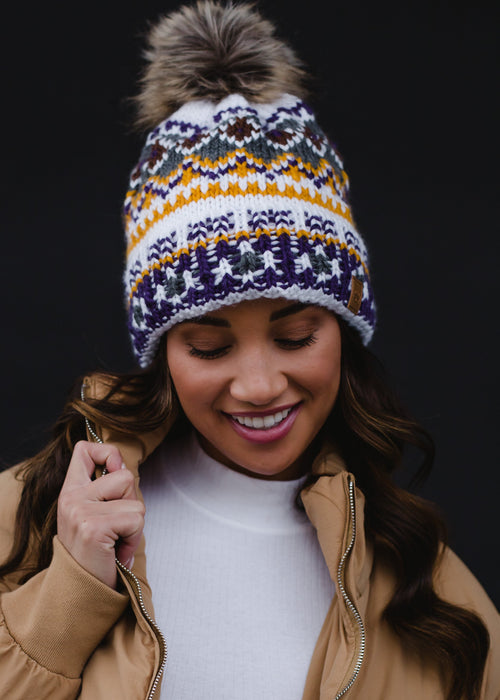 White, Purple + Gold Patterned Pom Beanie