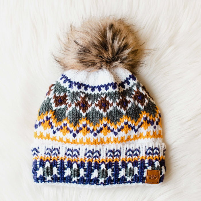 White, Purple + Gold Patterned Pom Beanie