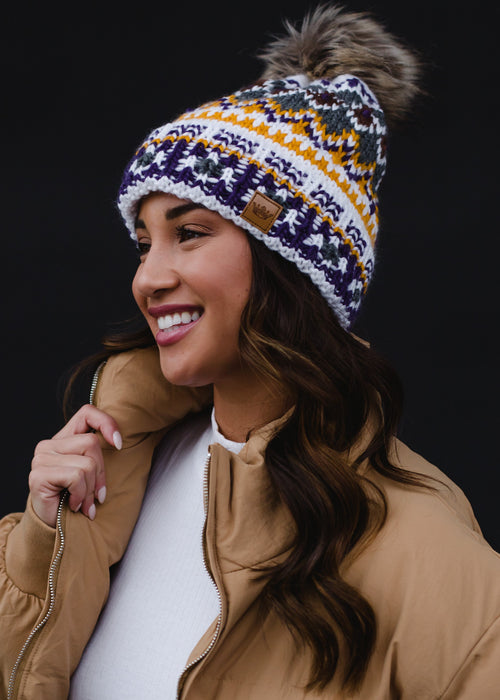 White, Purple + Gold Patterned Pom Beanie