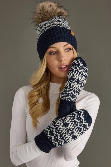 Dk. Navy + White Patterned Pom Beanie
