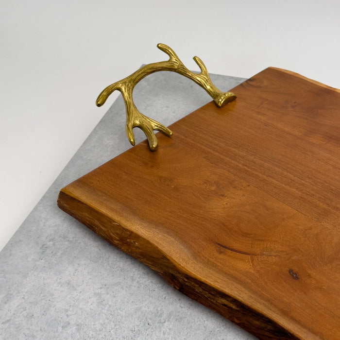 Wood Tray with Gold Antler Handles