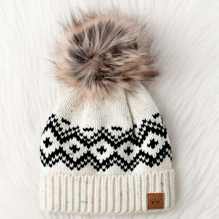 Cream Speckle + Black Patterned Pom Beanie