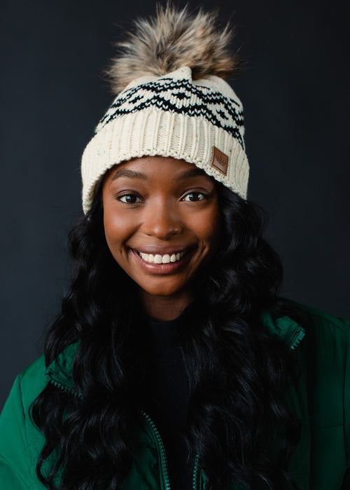 Cream Speckle + Black Patterned Pom Beanie