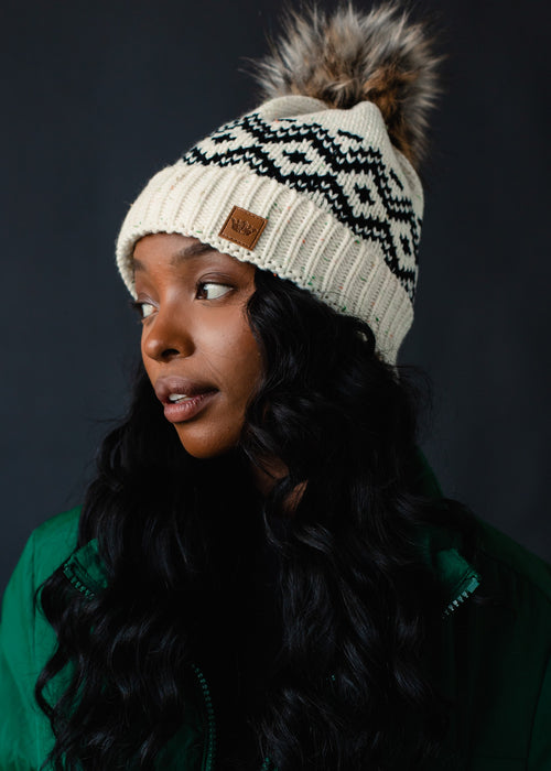 Cream Speckle + Black Patterned Pom Beanie