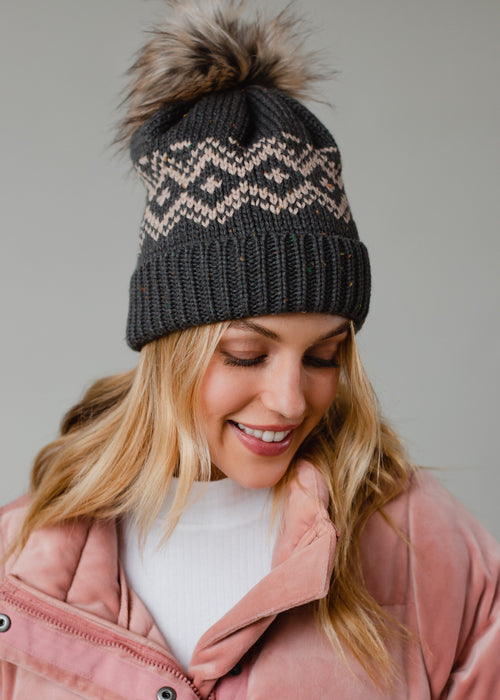 Gray Speckle + Blush Patterned Pom Beanie