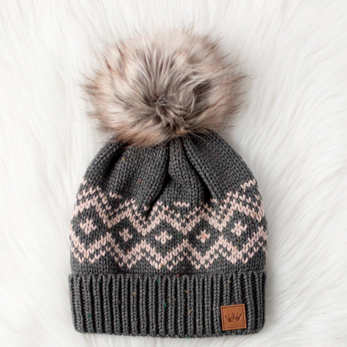 Gray Speckle + Blush Patterned Pom Beanie