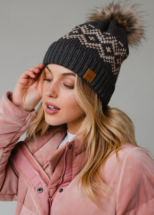 Gray Speckle + Blush Patterned Pom Beanie