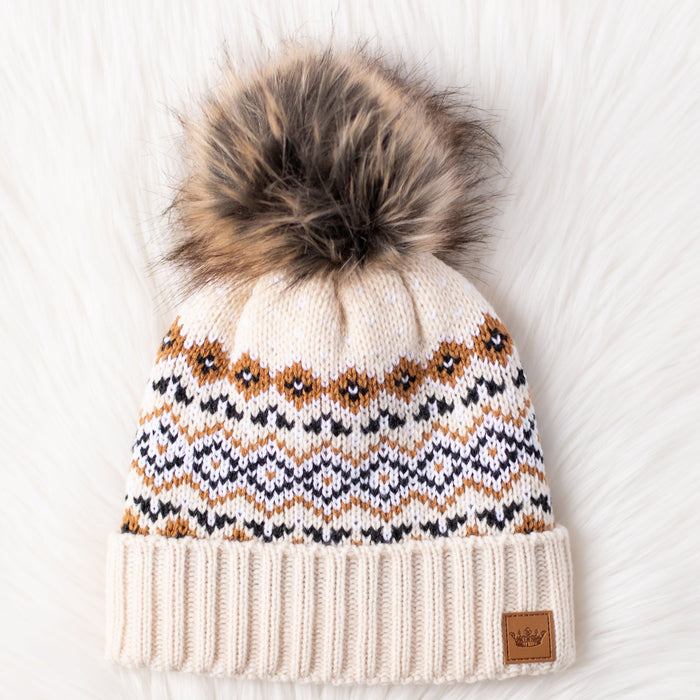 Cream, Black + Camel Patterned Pom Beanie