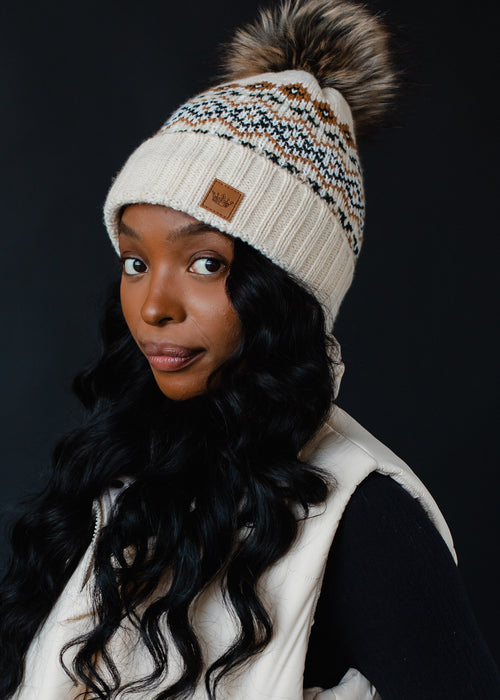 Cream, Black + Camel Patterned Pom Beanie