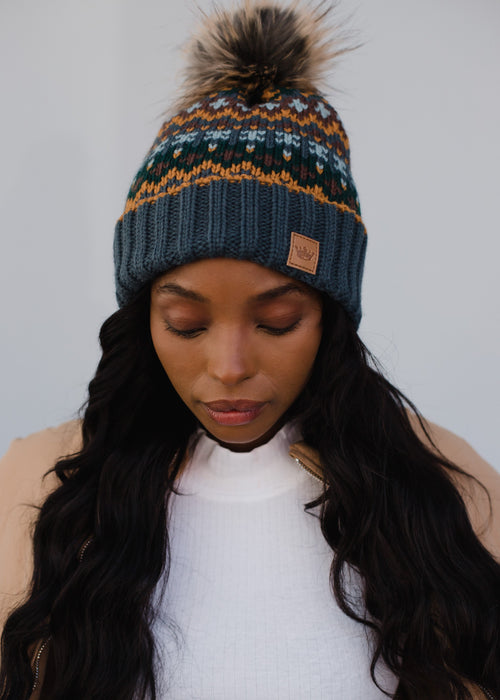 Dusty Blue + Multicolored Patterned Pom Beanie