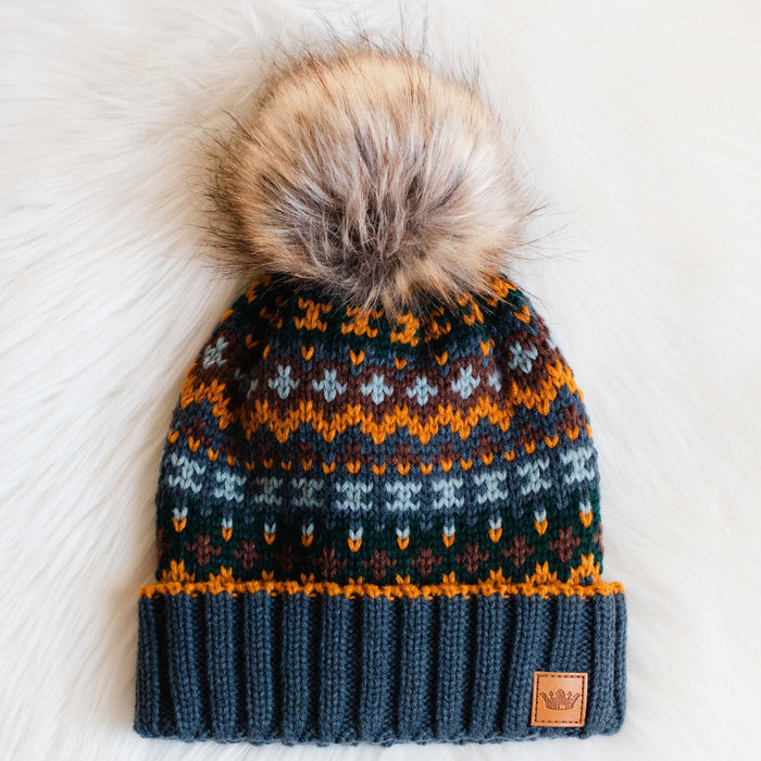 Dusty Blue + Multicolored Patterned Pom Beanie