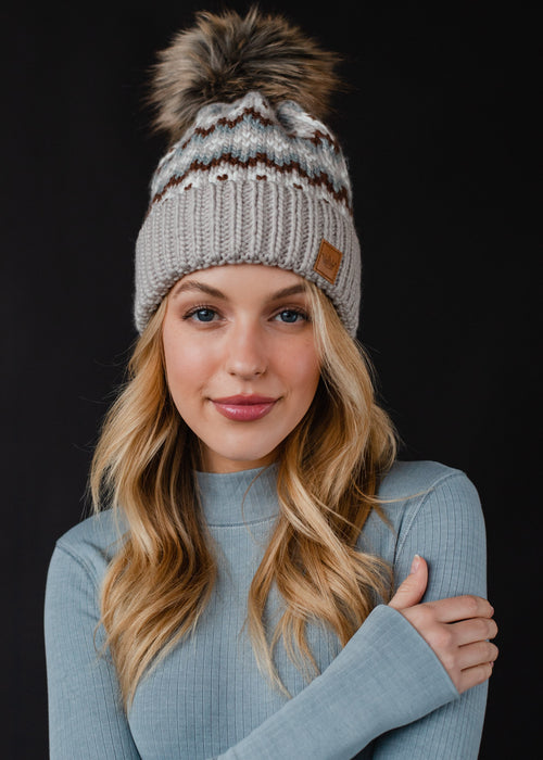 Taupe, Brown + White Patterned Pom Beanie