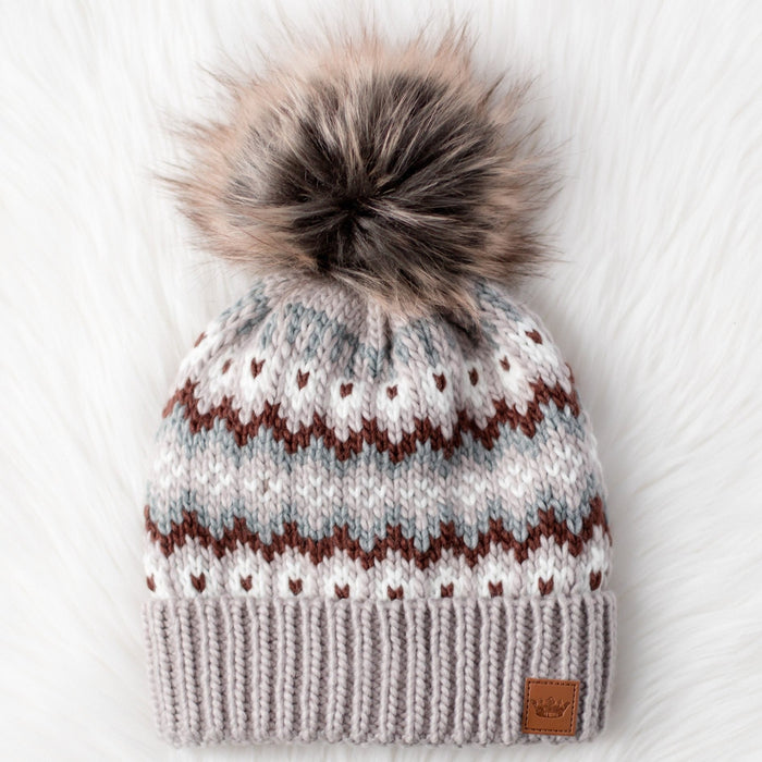 Taupe, Brown + White Patterned Pom Beanie