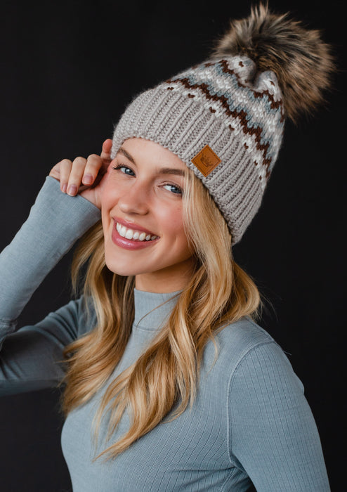 Taupe, Brown + White Patterned Pom Beanie