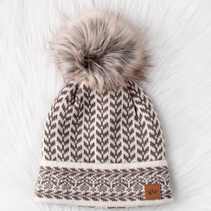 Beige + Taupe Patterned Pom Beanie