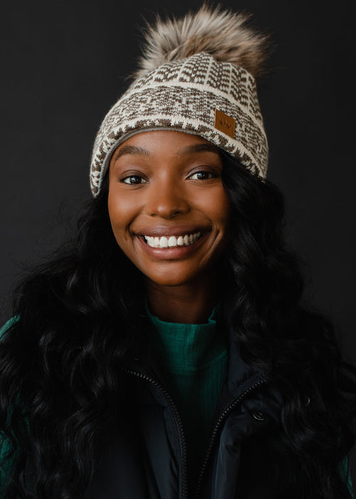 Beige + Taupe Patterned Pom Beanie