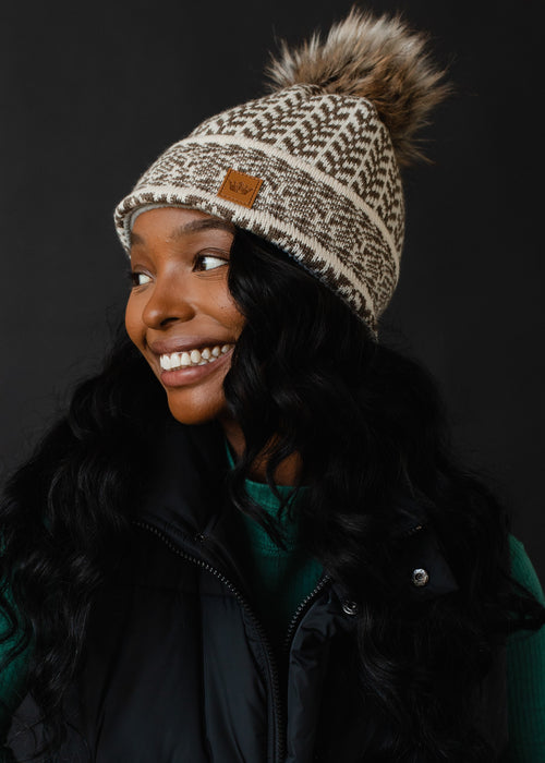 Beige + Taupe Patterned Pom Beanie