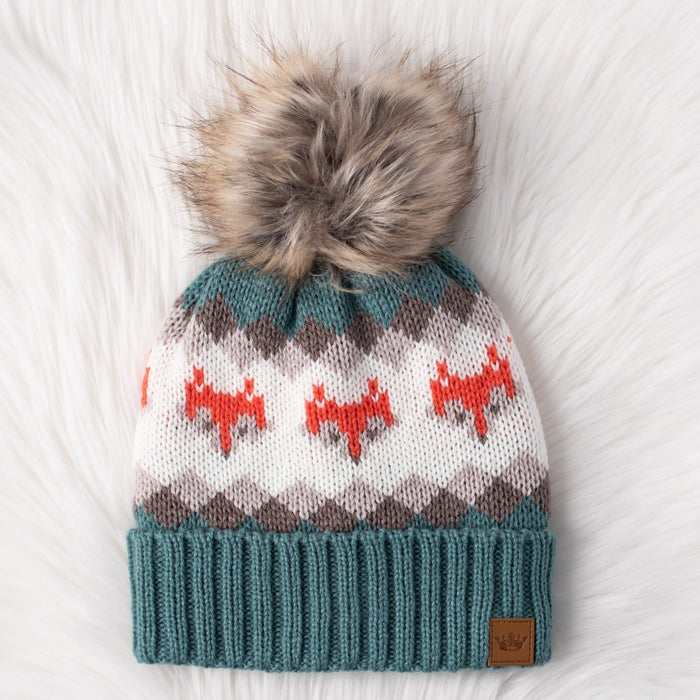 Blue Fox Patterned Pom Beanie