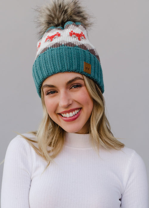 Blue Fox Patterned Pom Beanie