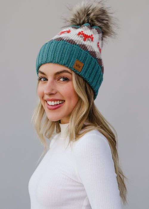 Blue Fox Patterned Pom Beanie