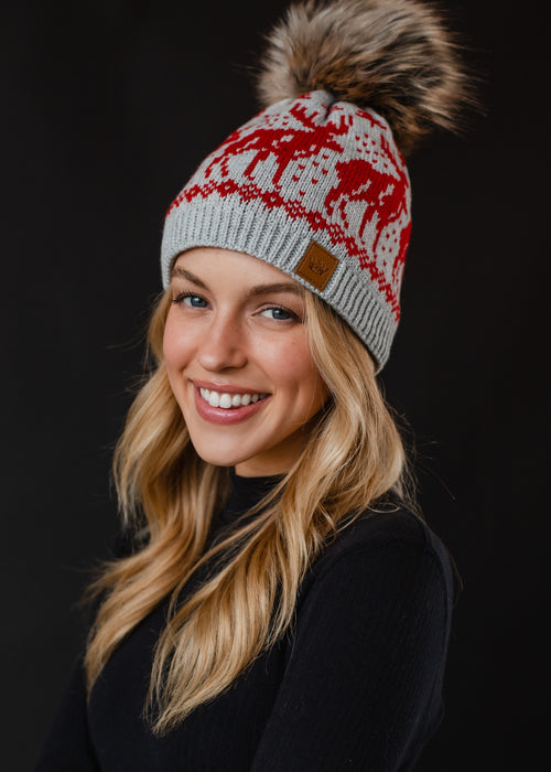 Reindeer Pom Beanie | Red + Lt. Gray