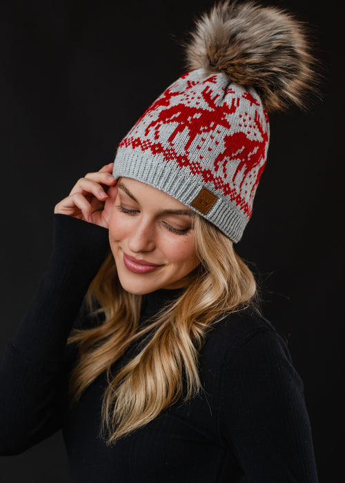 Reindeer Pom Beanie | Red + Lt. Gray