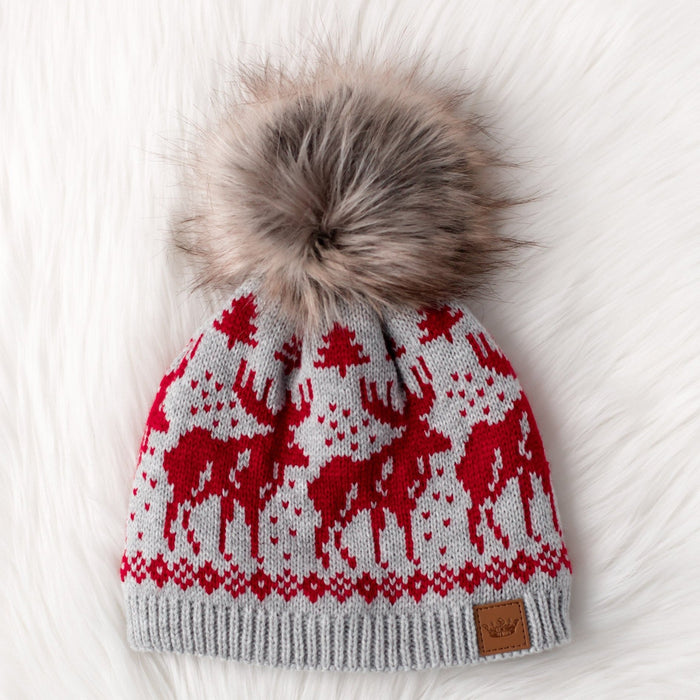 Reindeer Pom Beanie | Red + Lt. Gray