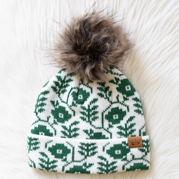 Ivory + Green Floral Pattern Pom Beanie