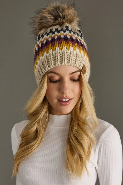 Beige, Navy + Mustard Patterned Pom Beanie