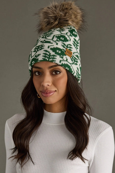 Ivory + Green Floral Pattern Pom Beanie