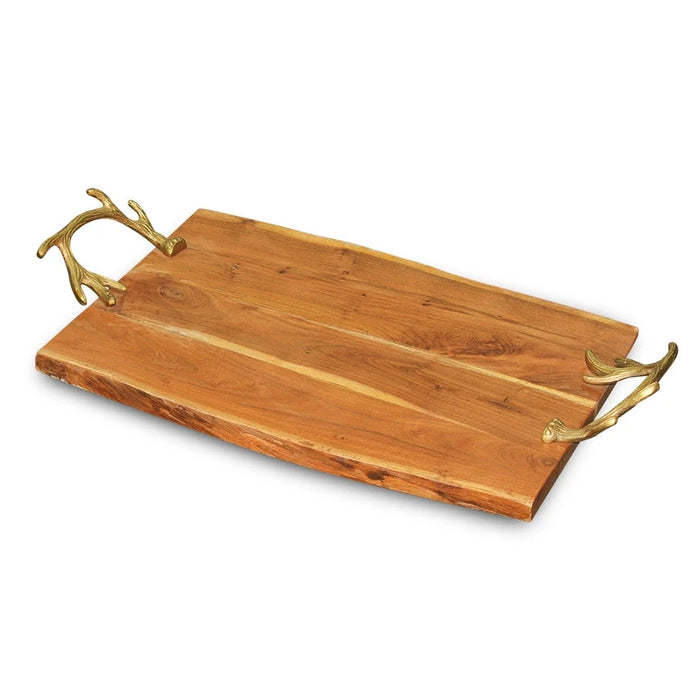 Wood Tray with Gold Antler Handles