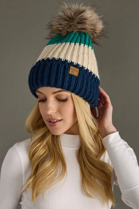 Green, Beige + Navy Color Block Pom Beanie