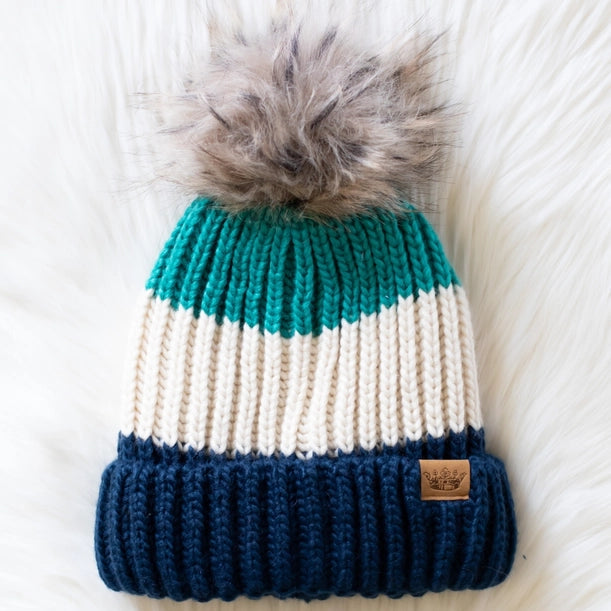 Green, Beige + Navy Color Block Pom Beanie