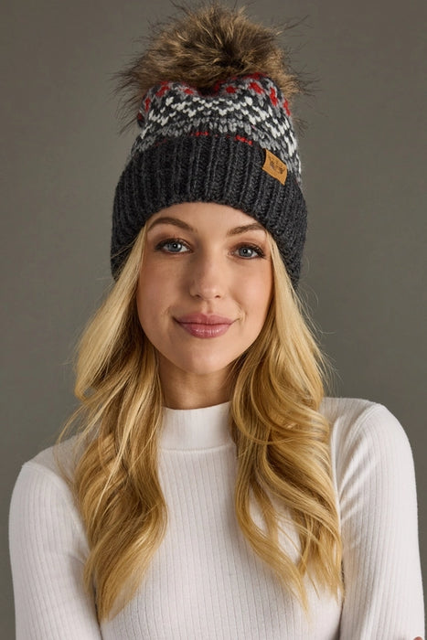Dk. Gray, Red + White Patterned Pom Beanie