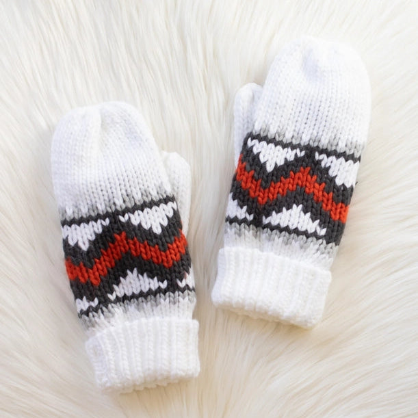 White, Red + Gray Patterned Mittens