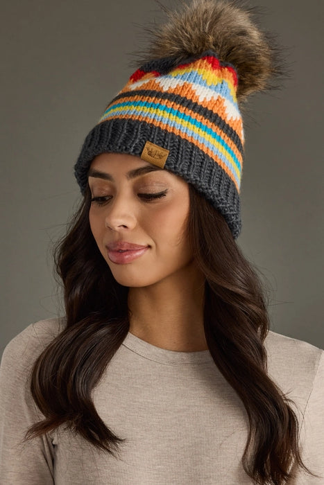 Black + Colorful Patterned Pom Beanie