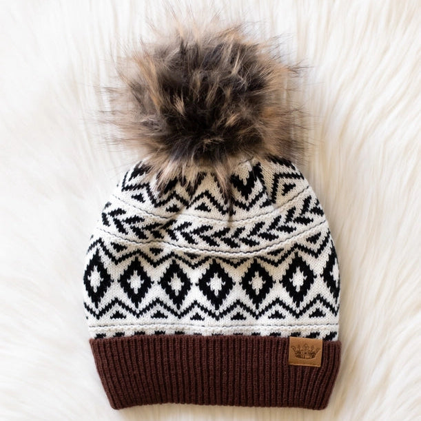 Ivory, Black + Brown Pattern Pom Beanie
