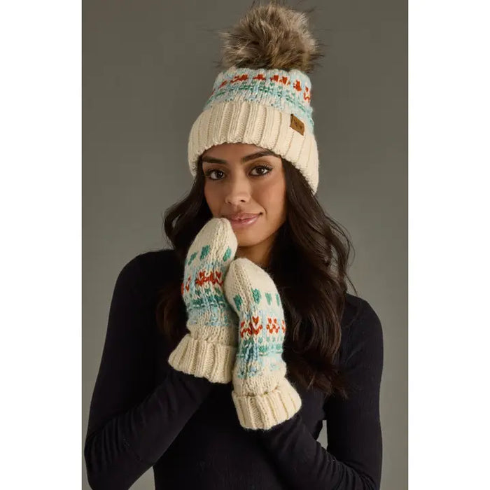Ivory, Lt. Blue, Mint + Orange Patterned Pom Beanie