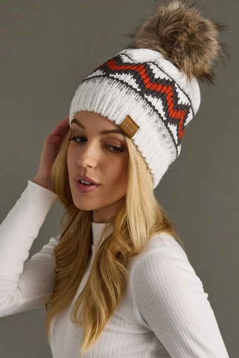 White, Red + Gray Patterned Pom Beanie