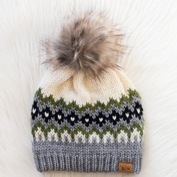 Cream, Green, Black + Gray Patterned Pom Beanie