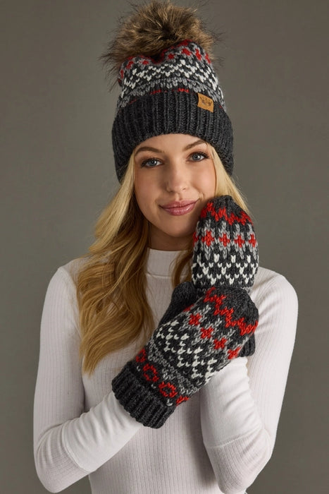 Dk. Gray, Red + White Patterned Pom Beanie