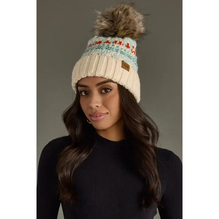 Ivory, Lt. Blue, Mint + Orange Patterned Pom Beanie