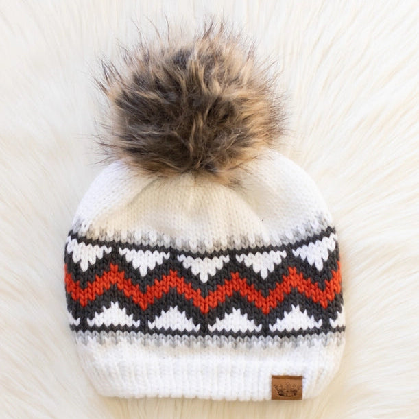 White, Red + Gray Patterned Pom Beanie