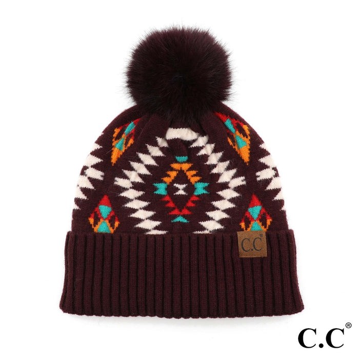 C.C Soft Aztec Pattern Beanie with Faux Fur Pom